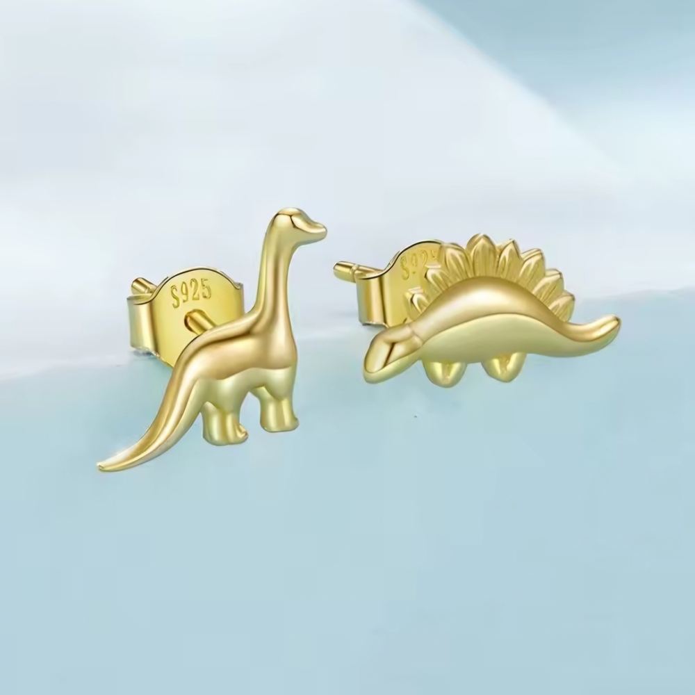925 Sterling Silver Gold Dinosaur Stud Stegosaurus Brachiosaurus Asymmetrical